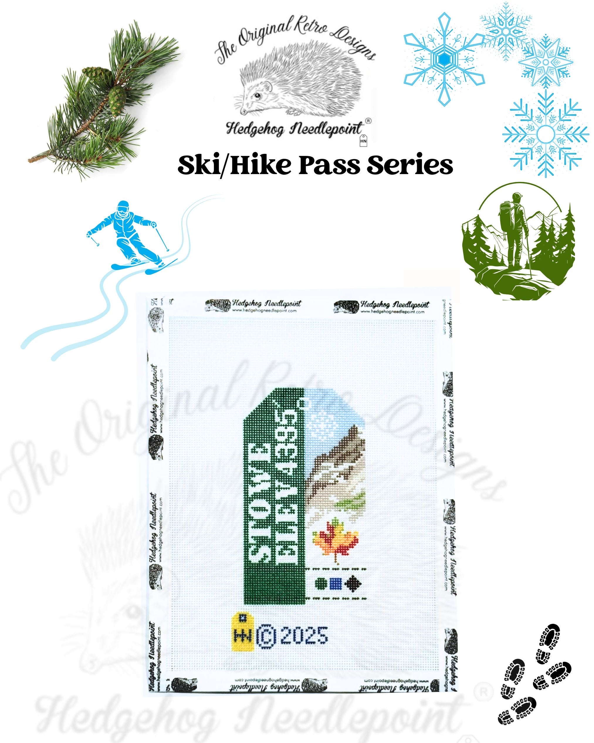 Stowe Ski/Hill Pass Retro Travel Tag Needlepoint Canvas