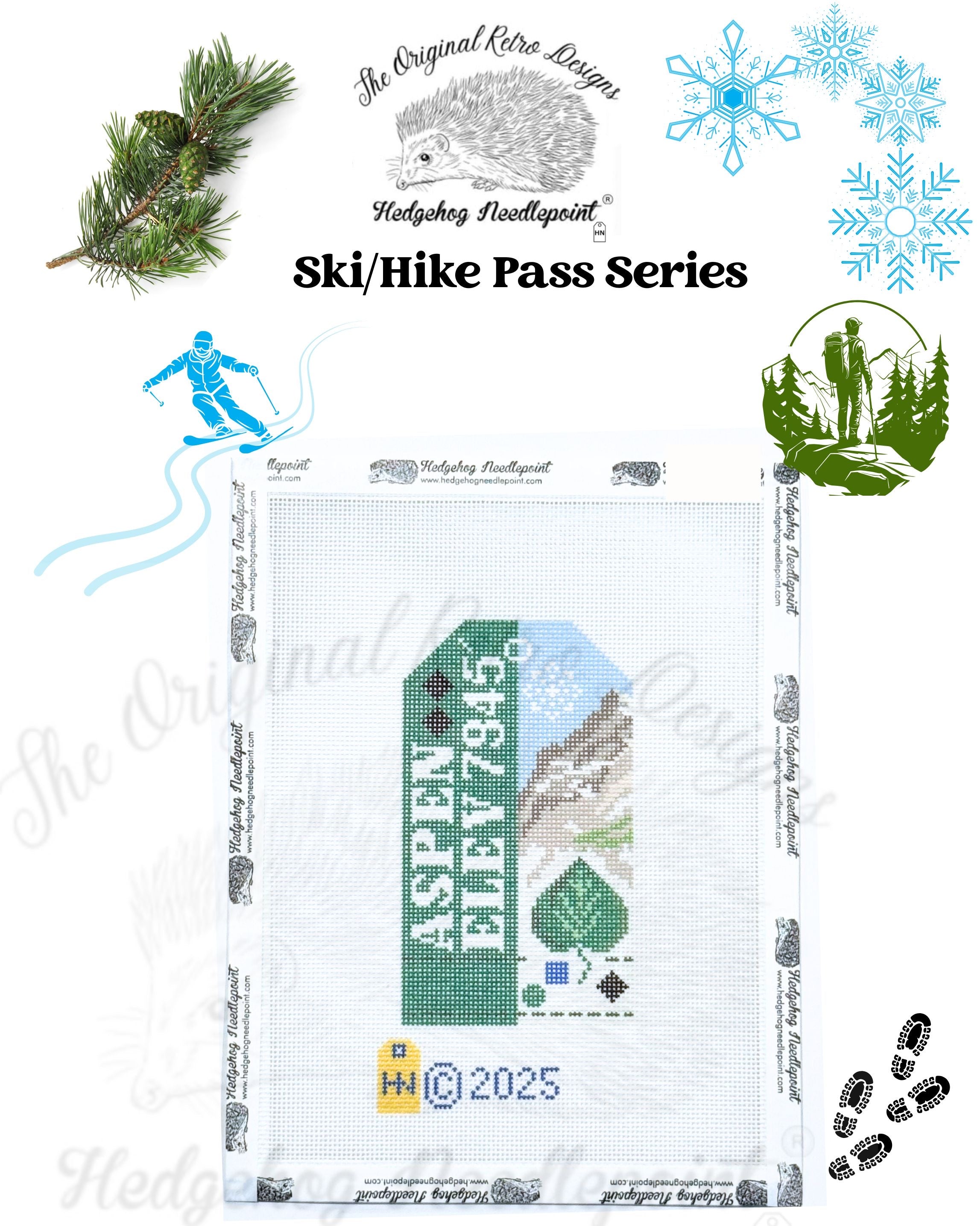 Aspen Ski/Hill Pass Retro Travel Tag Needlepoint Canvas