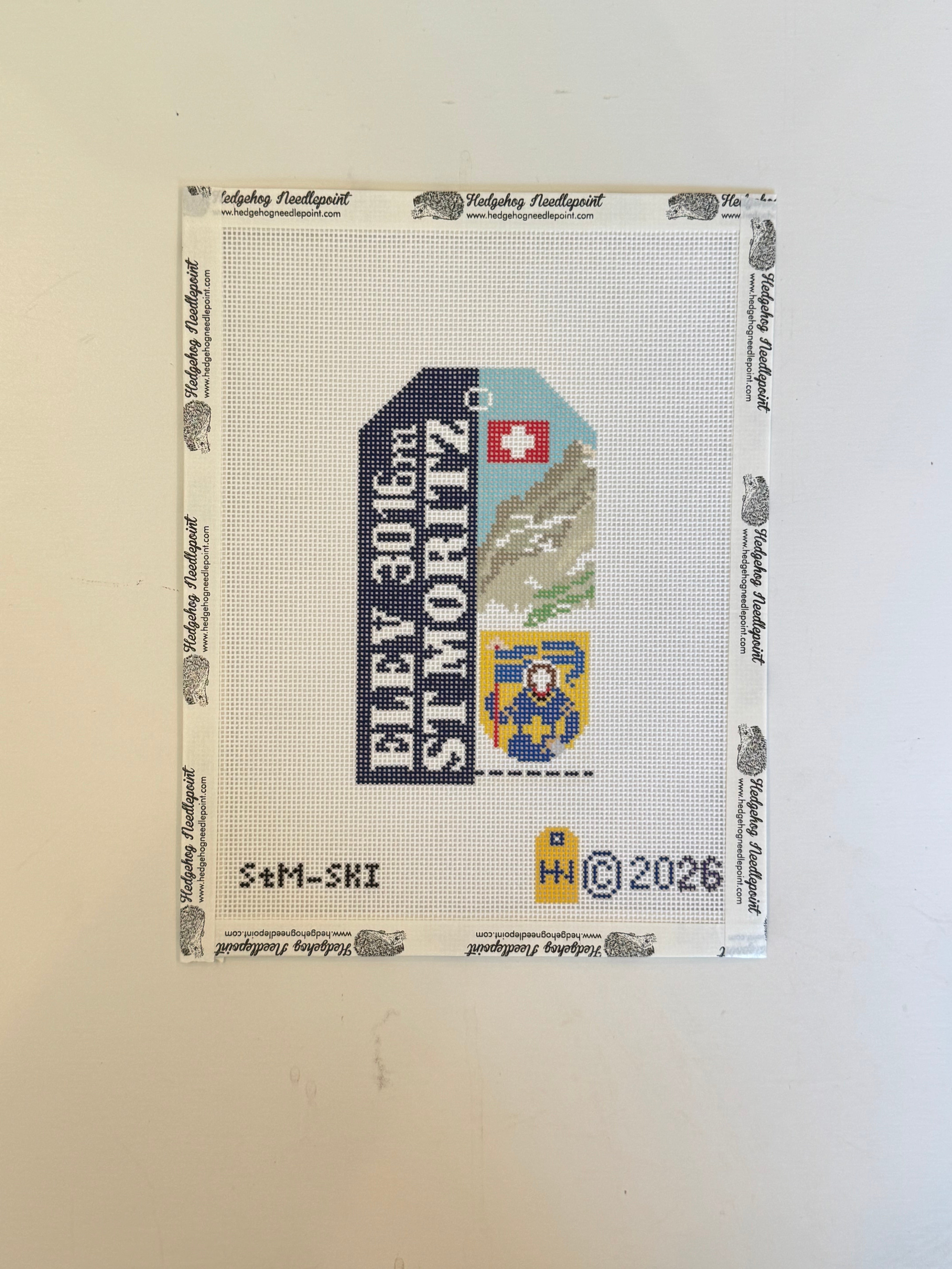 St Moritz Ski Pass Retro Travel Tag Needlepoint Canvas