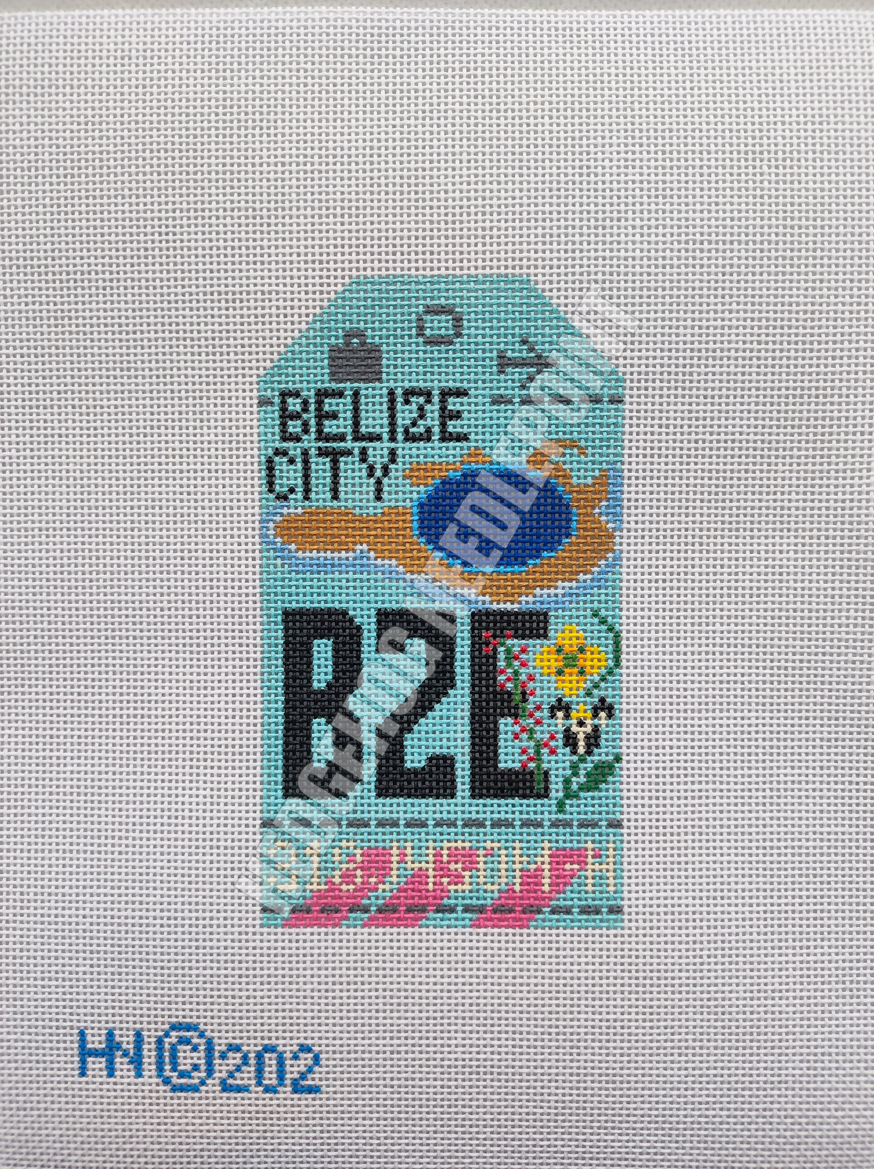 Belize City Retro Travel Tag Stitch Printed™️ Needlepoint Canvas